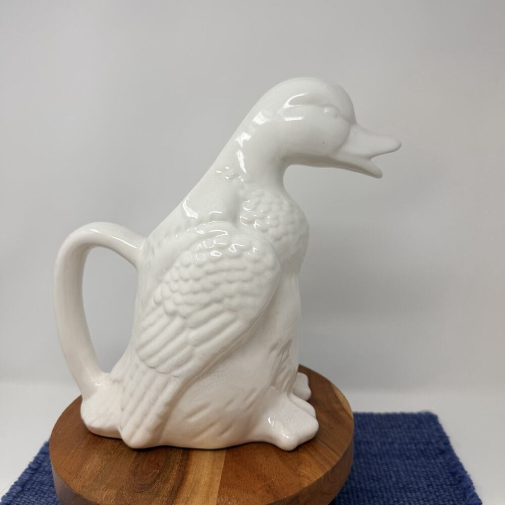 Vintage White Ceramic Duck Pitcher Planter Farmhouse Kitchen Decor 8.5”